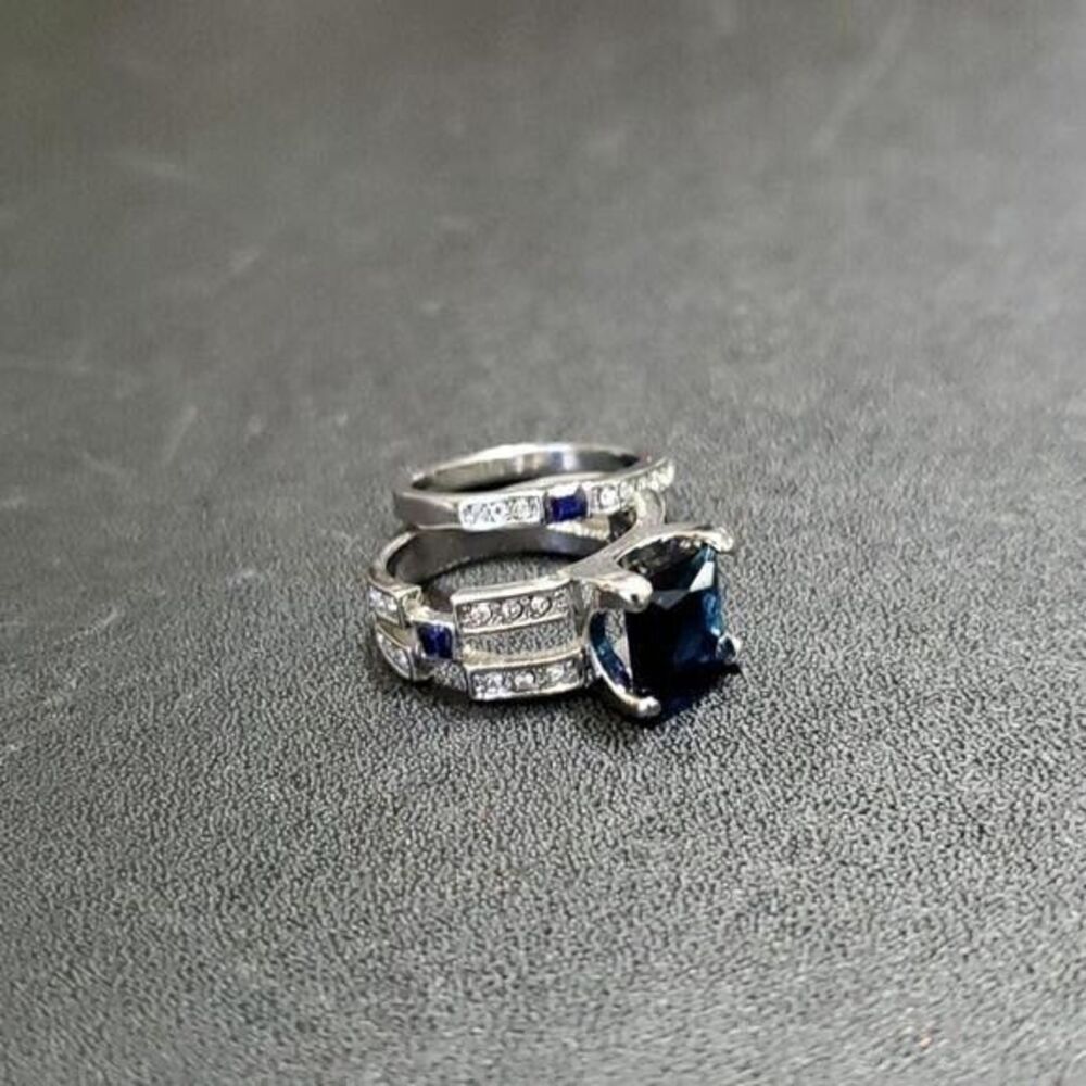 Silver tone blue double ring set - Picture 6 of 9